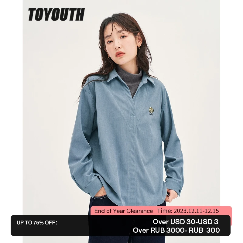 

Toyouth Women Fake Two Piece Corduroy Shirts 2022 Winter Long Sleeve Half Turtleneck Loose Blouse Khaki Blue Streetwear Tops