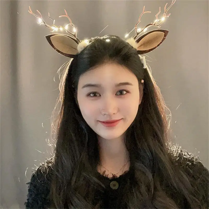 Christmas LED Light Antler Headband Cute Glowing Elf Elk Hair Hoop Hair Accessories Christmas Party Atmosphere Decoration