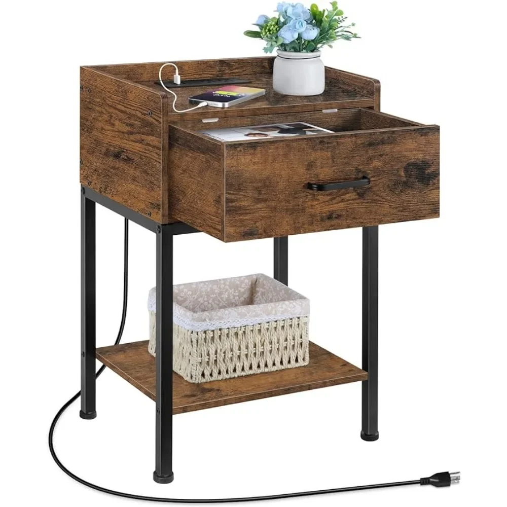 

Nightstand with Charging Station 2-Tier, Side Tables Bedroom with Drawer Small, Brown, Bedside Table with USB Ports and Outlets