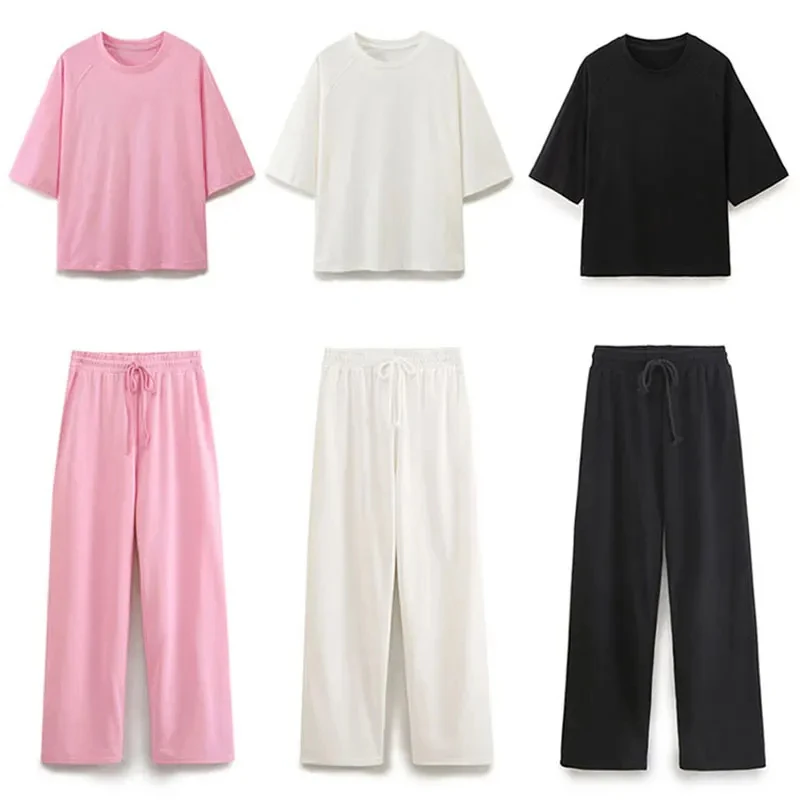 Description Picture 4 of itemTRAFZA Women Casual Solid Sports Set Summer O Neck T-Shirt Loose Short Sleeve Tops Female Drawstring High Waist Jogging Pants