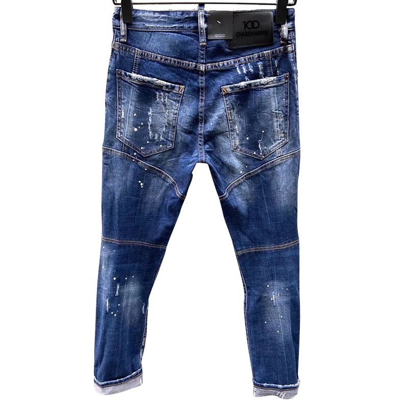 Chareiharper t121 raggy paint-spruced Stretch jeans for men Skinny blue panhandle pants 3