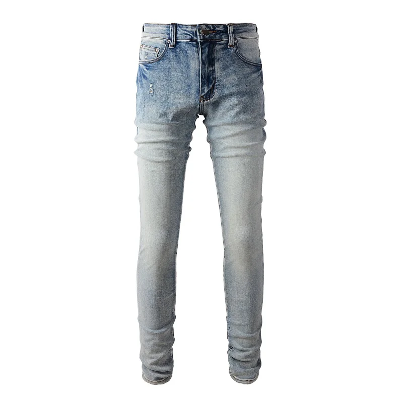 

Men's Light Blue Brand Skinny Stretch High Streetwear Fashion Slim Fit Distressed Blank Jeans