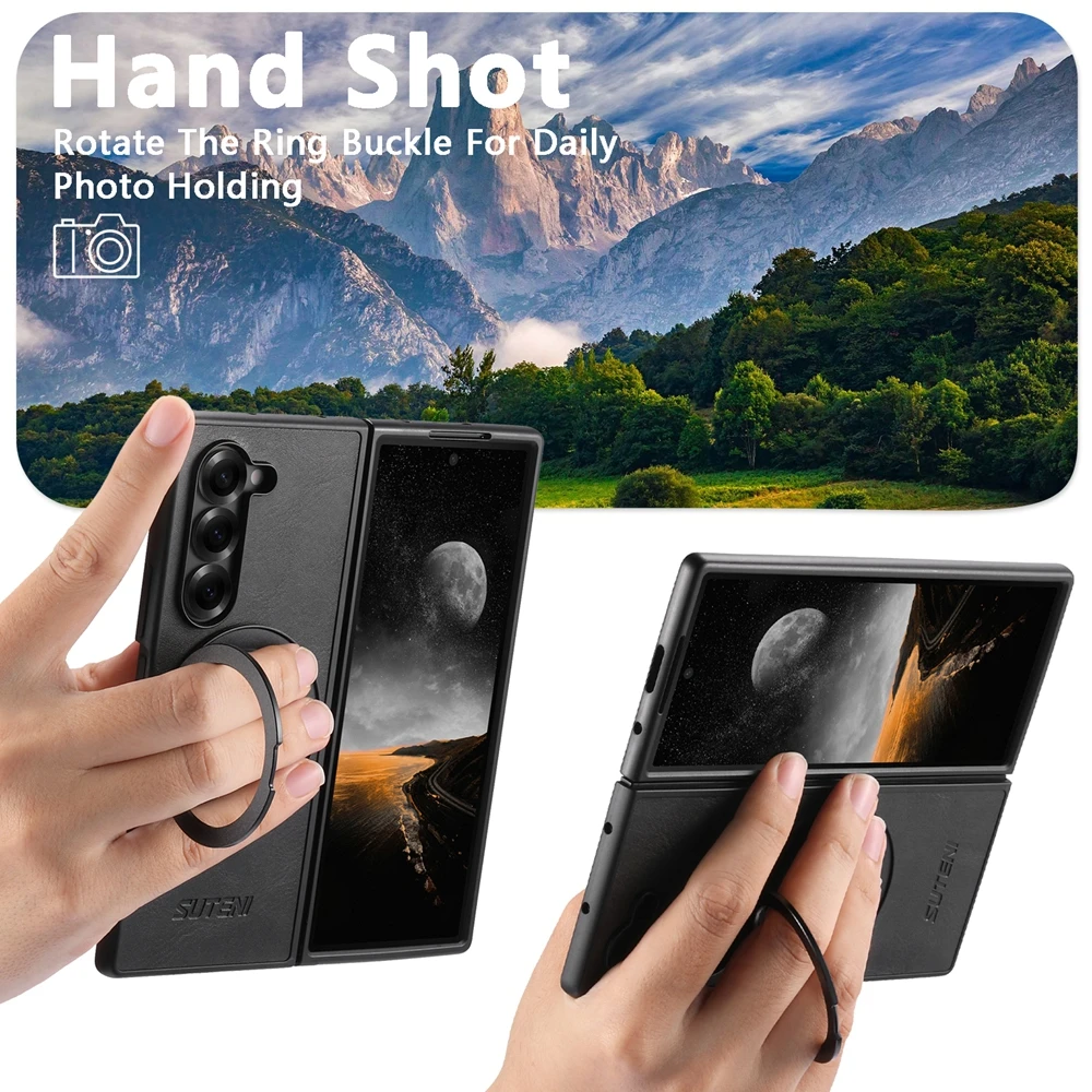 Leather Wallet Phone Case with Ring Bracket & Magnetic Kickstand - Wireless Charging Compatible