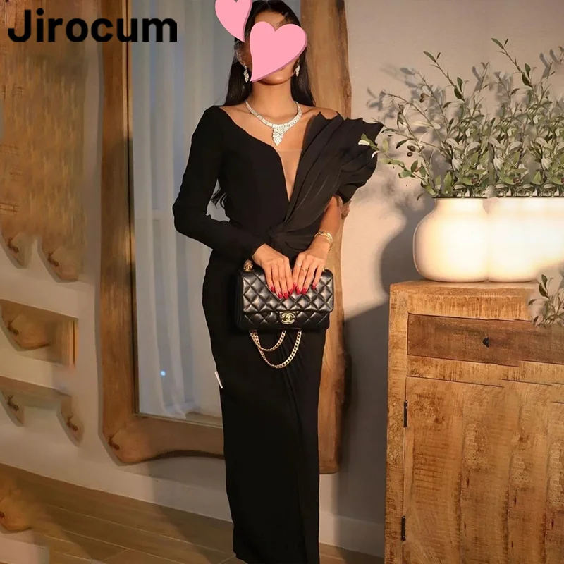 

Jirocum Vintage Black Mermaid Prom Dress Women's Ruffled V Neck Full Sleeve Party Evening Gown Ankle Length Formal Occasion 2024