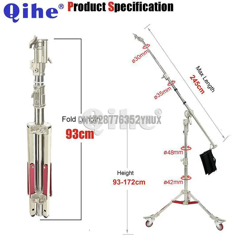 헤비 듀티 스테인리스 스틸 붐 라이트 스탠드, 스탠드 높이 93-172CM, 크로스바 145-245cm