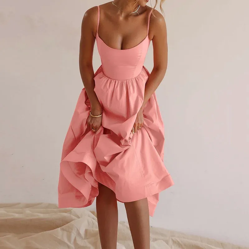 

Skin-touch Classic Wide Shoulder Straps Large Hem Summer Dress Breathable Suspender Dresses High-Waist Vestidos Robe Streetwear