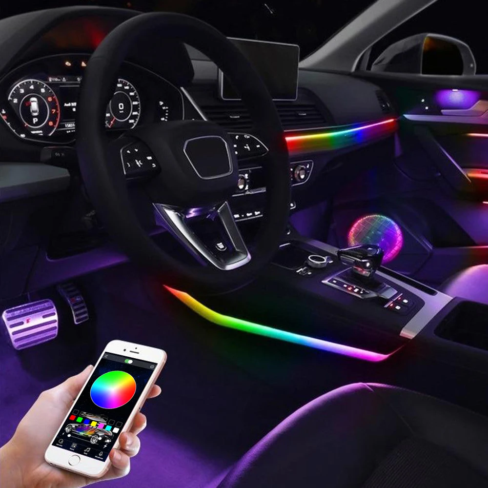 

14 in1 Car Interior Ambient Light Accessories 64 RGB Colorful App Remote Control Neon Acrylic Guide Fiber Decorations Footlight
