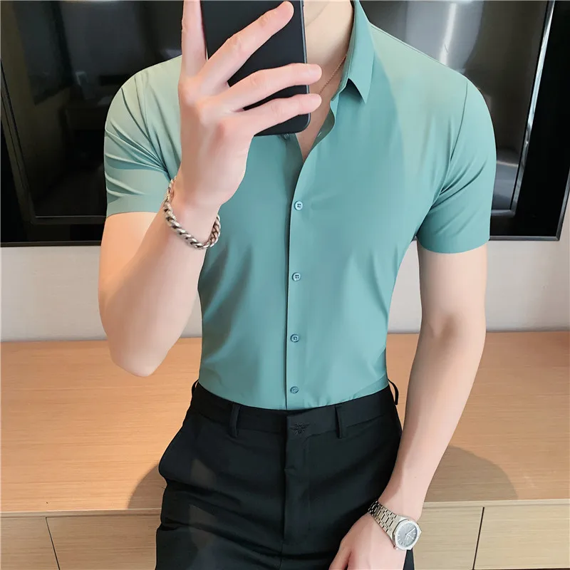 Casual Short Sleeved Shirt Short Sleeved Shirt 6colors Solid High Elasticity Seamless Short Sleeve Shirts Men Slim Social Casual Business Formal Dress Shirt