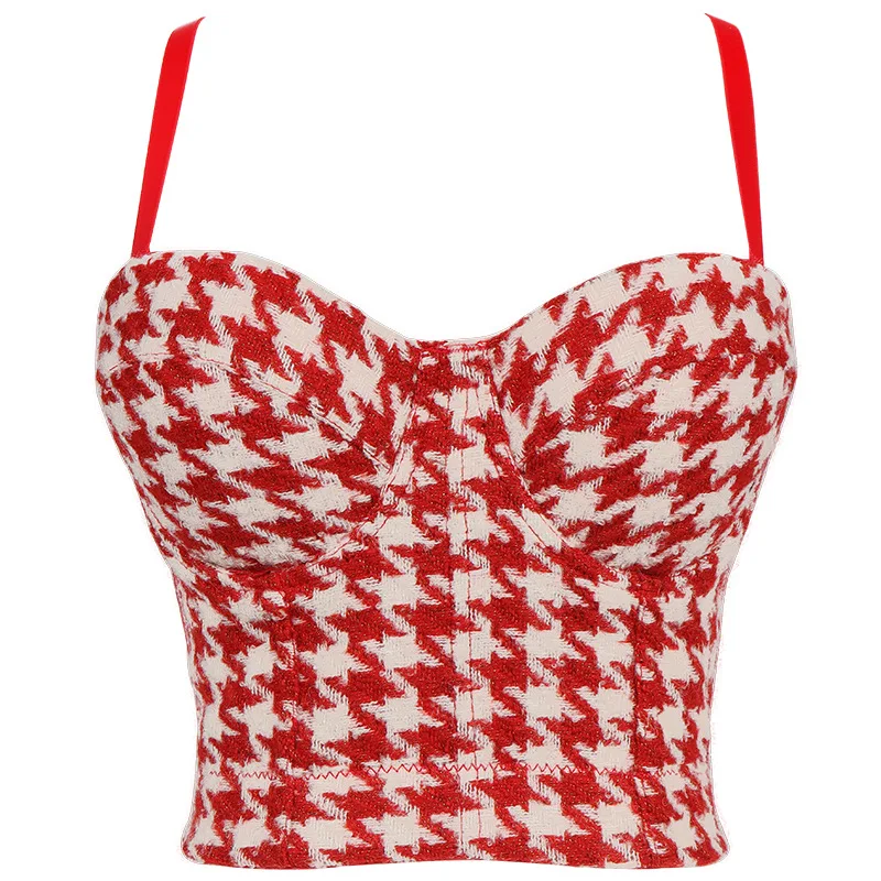 

New Arrival Women Summer Sexy Designer Houndstooth Woolen Camisole Tops 2022 Short Stage Costumes Party Camis Crop Tops