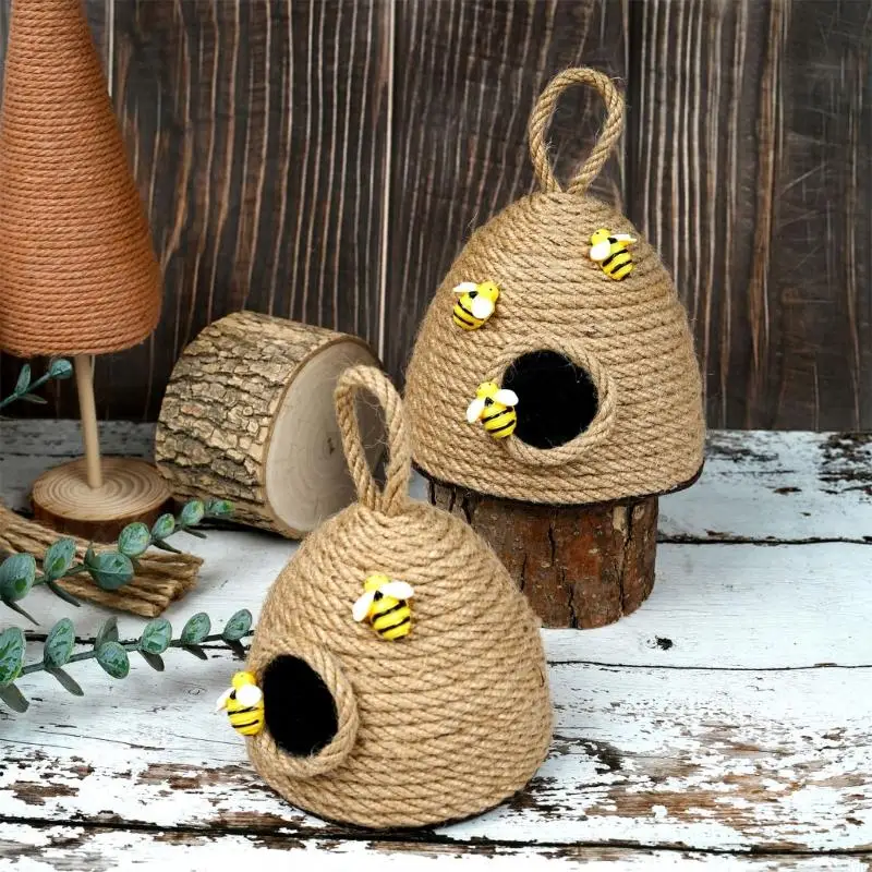 Handmade Woven Rope Bees Hives Hanging Ornament with Decorative Bowknot for Seasonal Festivities Bees Party Decors 87HA 4