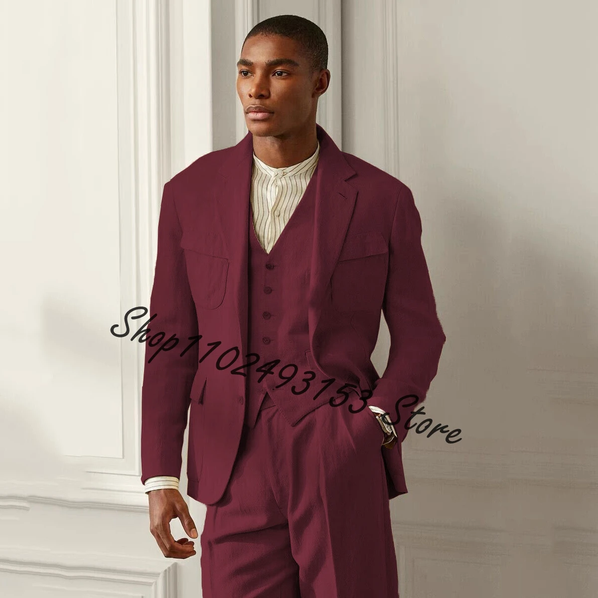 Latest Linen Men Suits Blazer Vest Pants Designs Slim Fit Notched Lapel 3 Pieces Best Men Wedding Groom Tuxedos Costume Homme