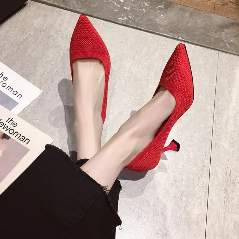 High heels for women with slender pointed heels, 2024 spring/summer autumn new elastic knitted comfortable single shoes 2