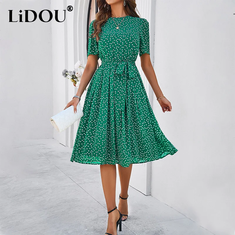 

Summer Elegant Fashion Vintage Polka Dot Printing A-line Vestido Women Short Sleeve Casual Lace Up Robe Femme Temperament Dress