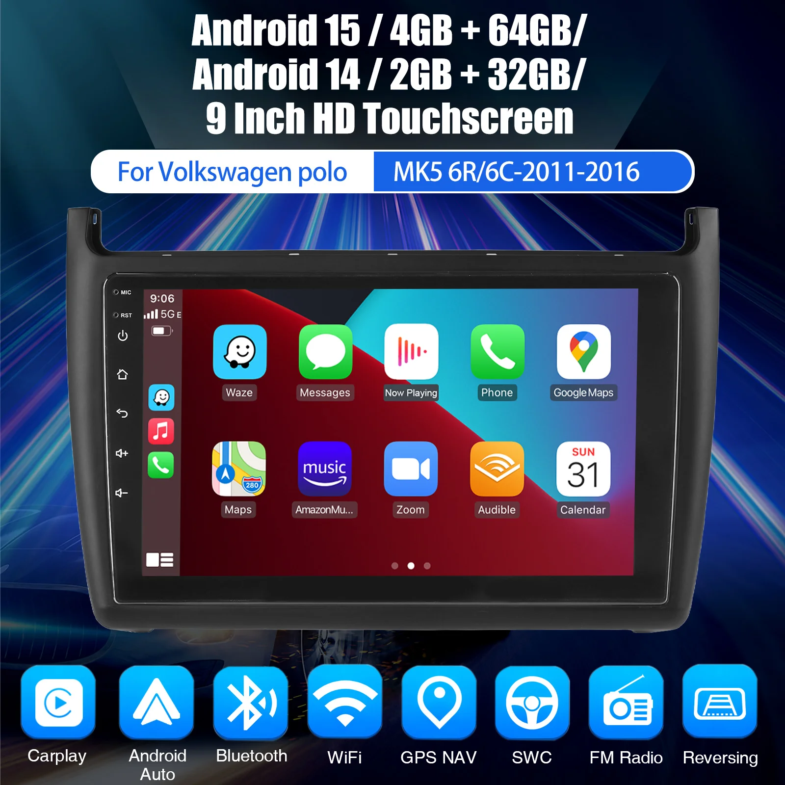 9 "TouchScreen 4-64G Android15 Für VW Polo MK5 6R 6C 2011-16 Auto Stereo Radio Bluetooth drahtlose Carplay GPS Navi WIFI RDS SWC FM – Detail 2