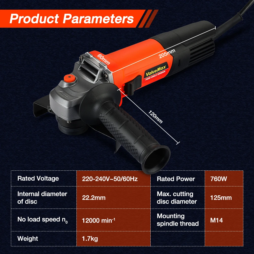 ValueMax 750W Electric Angle Grinder 125mm 220V Corded Grinding Machine Grinding Polishing and Cutting Machine Repair Power Tool