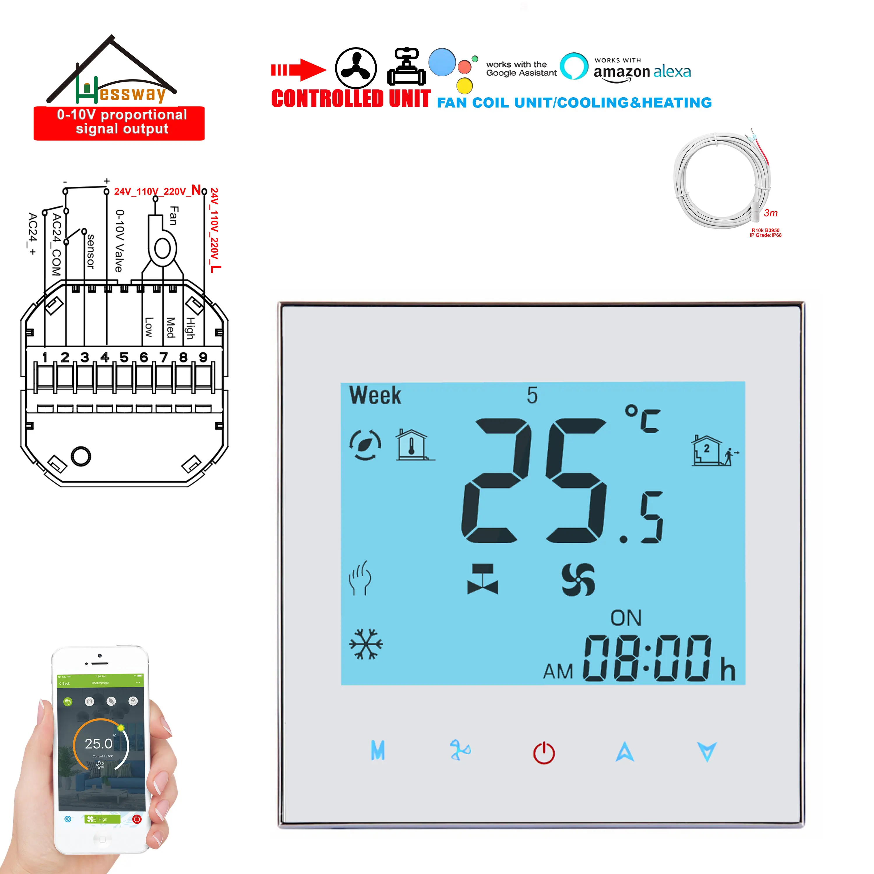 Termostato A Contatto A Secco Con Ventola A 3 Velocità Hessway Per Wifi/Rs485 0-10V Valvola Proporzionale Doppio Sensore Riscaldamento A Cooliing Alim