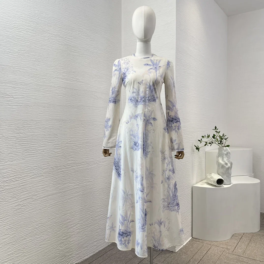 

High Quality Cotton 2024 Summer White Elegant Women Collection Blue Floral Printing Flare Sleeve A-line Midi Holiday Dresses