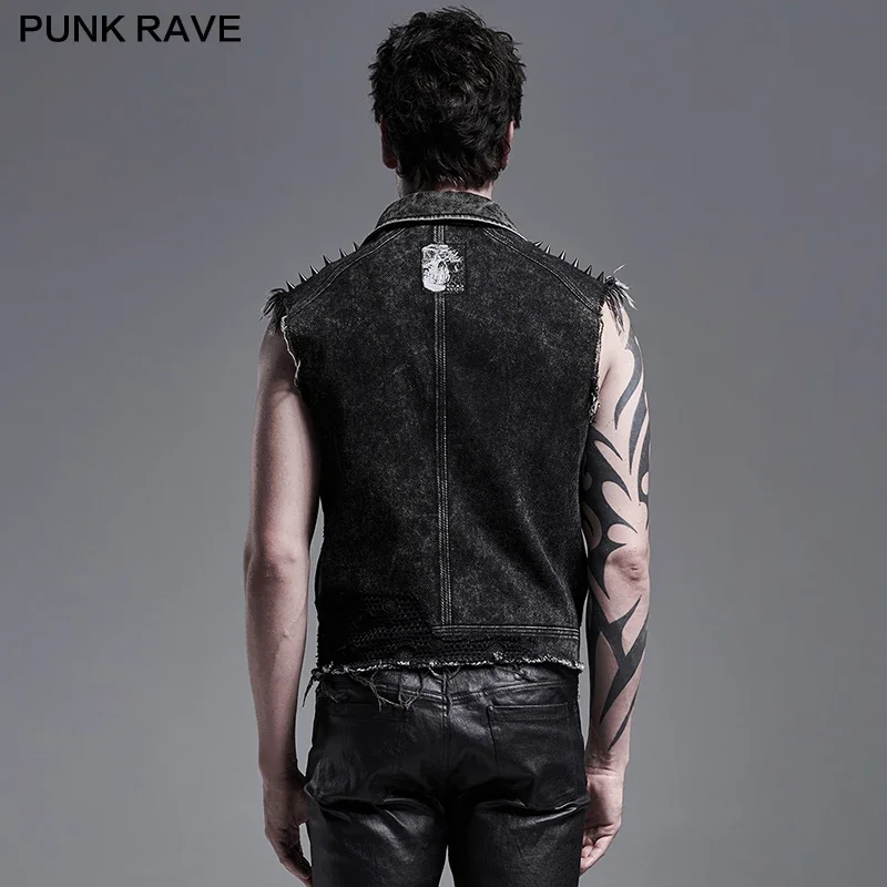 PUNK RAVE Men's Punk Daily Wear Decadent Broken Vest Distressed Turn Collar Casual Denim Waistcoat Streetwear 3