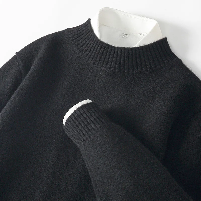 WOTEEWS 100% pure wool men's semi high neck sweater loose knit business casual men's long sleeved pullover sweater new product