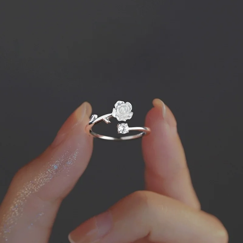 Vintage Rose Flower Rings For Women Shiny Crystal Zircon Adjustable Princess Finger Ring Bride Wedding Engagement Party Jewelry