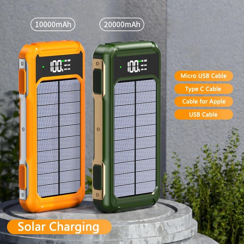 

Solar Power Bank with Cable Light Portable Charger Powerbank for iPhone 15 14 Samsung S22 Xiaomi Mobile Phone Battery 20000mAh