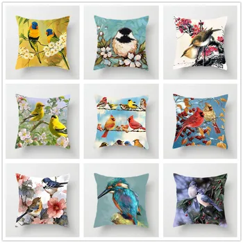 Lovely Bird Cushion Cover Flower Pattern Pillow Covers Decorative for Sofa Bed Living Room Decor Polyester Fauxlinen Accessories 2