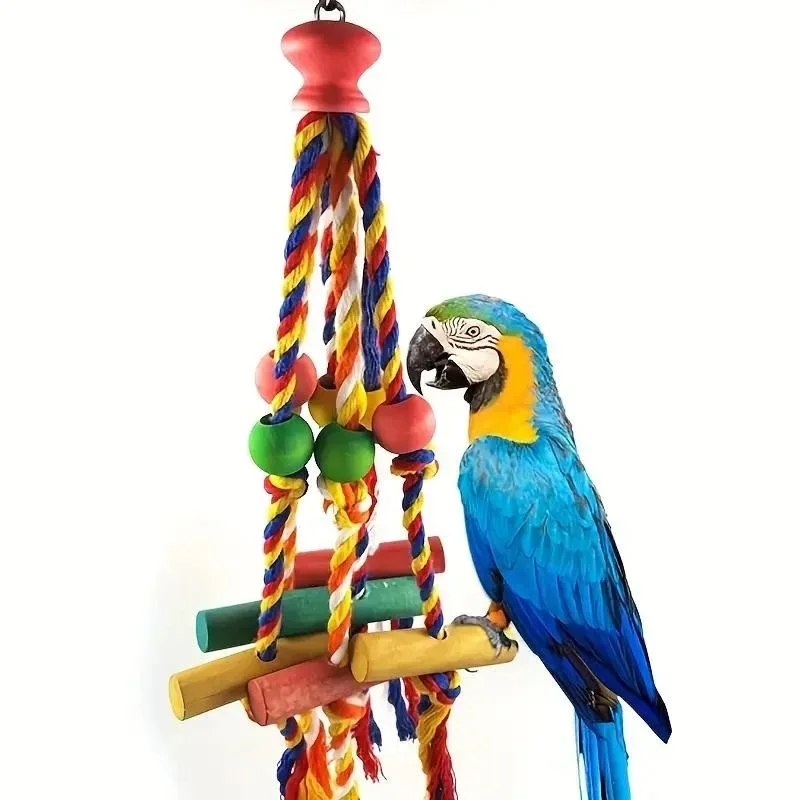Bird Parrot Toys Colorful Cotton Rope Beads Wooden Blocks Bird Chewing Toy Parrot Cage Bite Toys