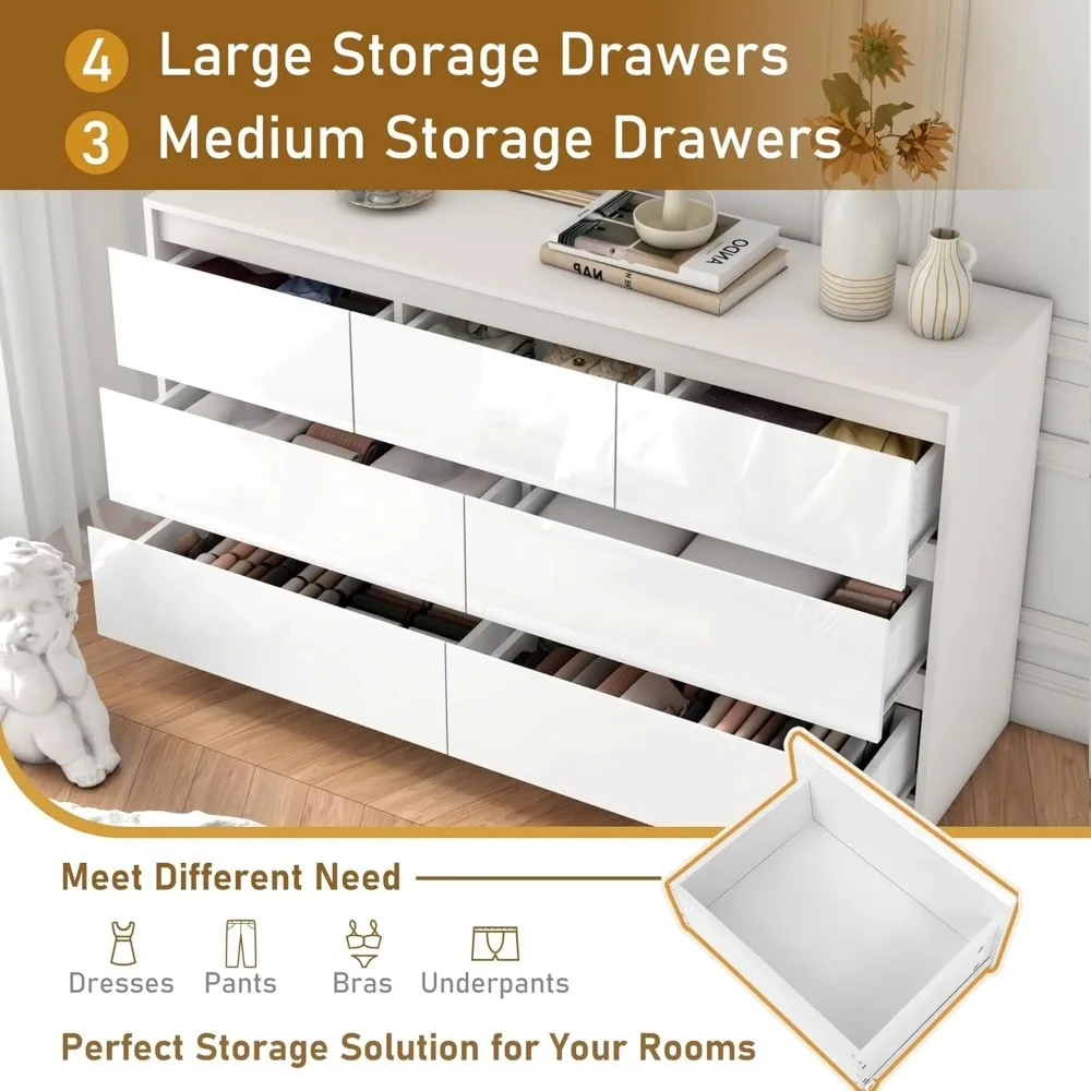 White Dressing Table in Bedroom, 55 Inch Long Dressing Table, High Gloss Dressing Table with 7 Drawers, Wooden Drawer Cabinet 3
