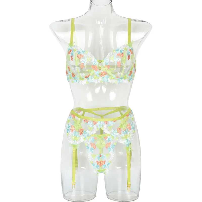 Xinyan-ropa interior de malla con Flores rotas para conjunto de tres bordado complejo, alta 2021 _ - Mobile