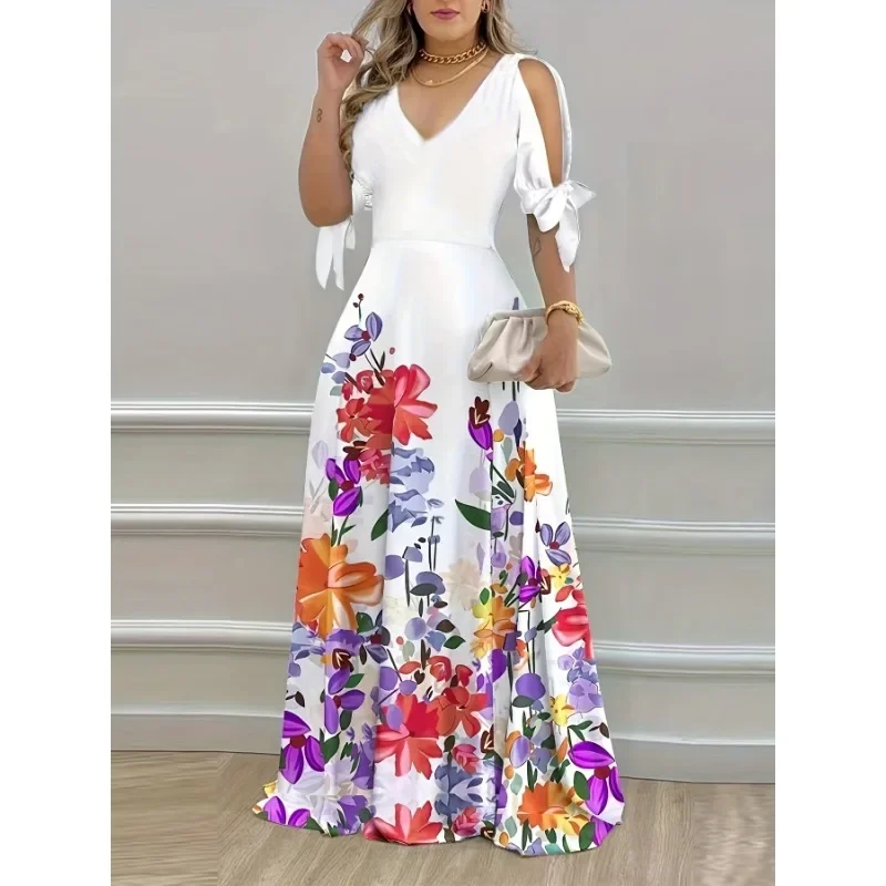 

Summer Printed Maxi Dress Women Off Shoulder Short Sleeve Full Length Dress V-neck Printed A-line High Waist Dresses