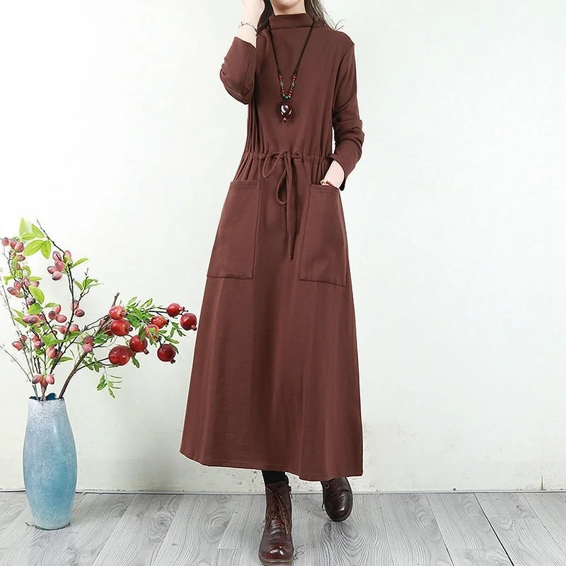 

Autumn and winter 2020 new style literary dress women thickened half high collar long skirt loose long bottoming shirt women