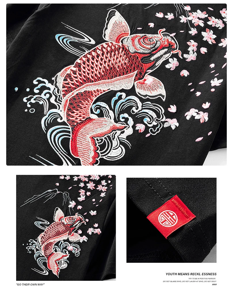 Herren Brokat Karpfen-Stickerei Kurzarm-T-Shirt Sommer Marken-Baumwolle Übergroßes T-Shirt Männliches Oberteil Kleidung 2024 Z1A1 – Detail 3