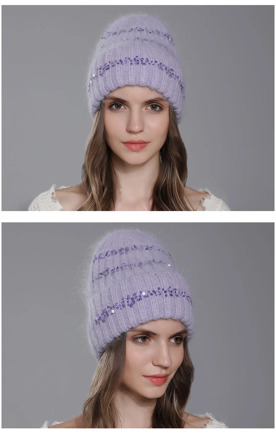 CNTANG Modische Mütze mit runden Pailletten, warme Wintermütze, Angora-Kaninchenfellmütze für Damen, gestrickte Damenmütze, hochwertige Kappe, Y2K-Stil. – Detail 5