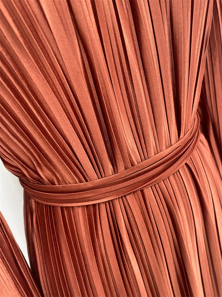 Vestido largo acanalado con volantes y cordones para mujer, manga larga, cintura alta, elegante, para fiesta, otoño, estilo vendaje