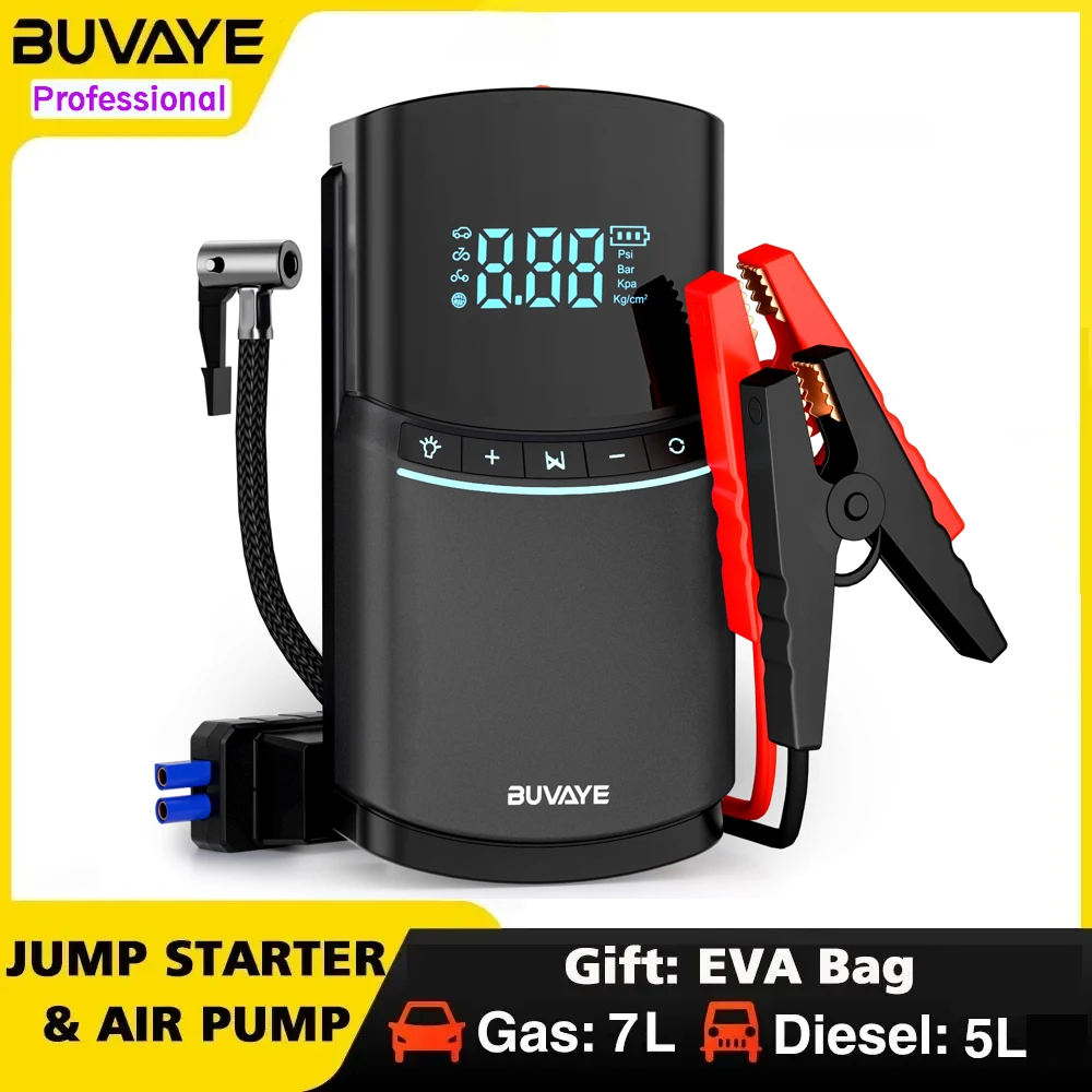 4 in 1 Car Jump Starter Air Pump 150PSI 12000mAh Peak Current 2000A Car Battery Booster Tire Air Compressor With EVA Bag BUVAYE