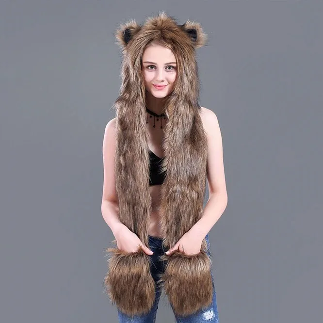 

Men/Women Faux Fur Hood Animal Hat Ear Flaps Gloves 3in1 Animal Fur Hat Wolf Plush Warm Imitation Fur Hats Cap with Scarf Gloves