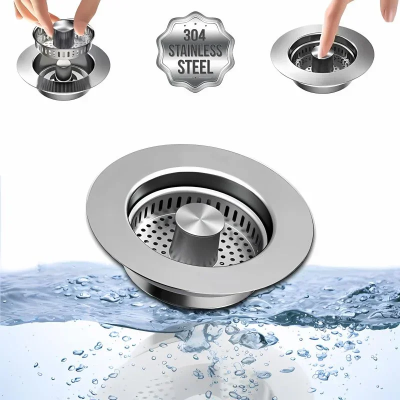 3 in 1 Kitchen Sink Strainer Stainless Steel Pop-Up Stopper Removable Anti Clogging Food Strainer