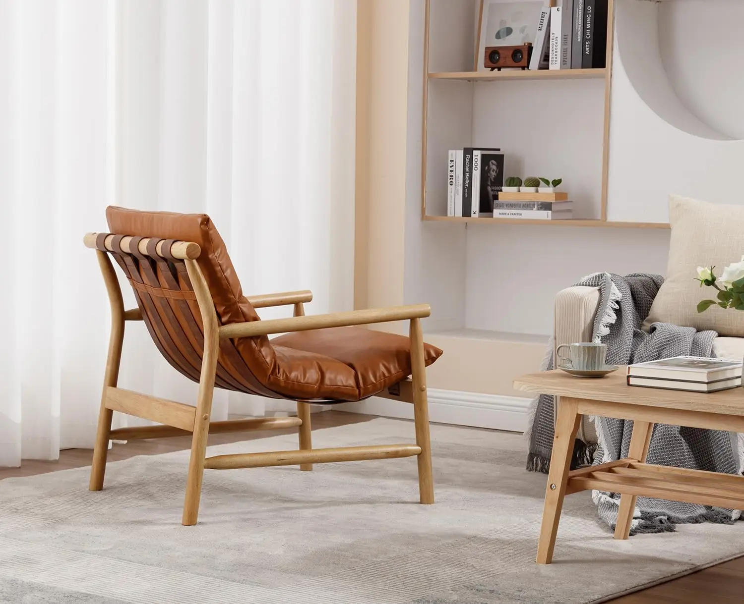 Modern Sling Accent Upholstered PU Leather Living Room Soft Comfy Lounge Chair Solid Wood Frame with Armrest