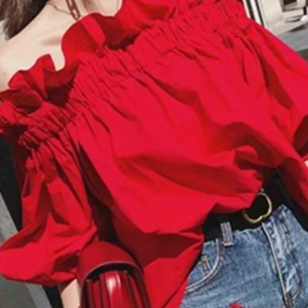 Red Off Shoulder Shirt And Blouse Women Bubble Sleeve New In Crop Top Sweet Casual Spring Summer Solid T-shirt Youthful Fashion