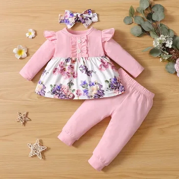 Infant Baby Girls' Clothing Long Sleeve Tops+Pants+Headwear Sets Flower Print Fashion Baby's Set Baby Clothes 3 6 12 24 Months 1