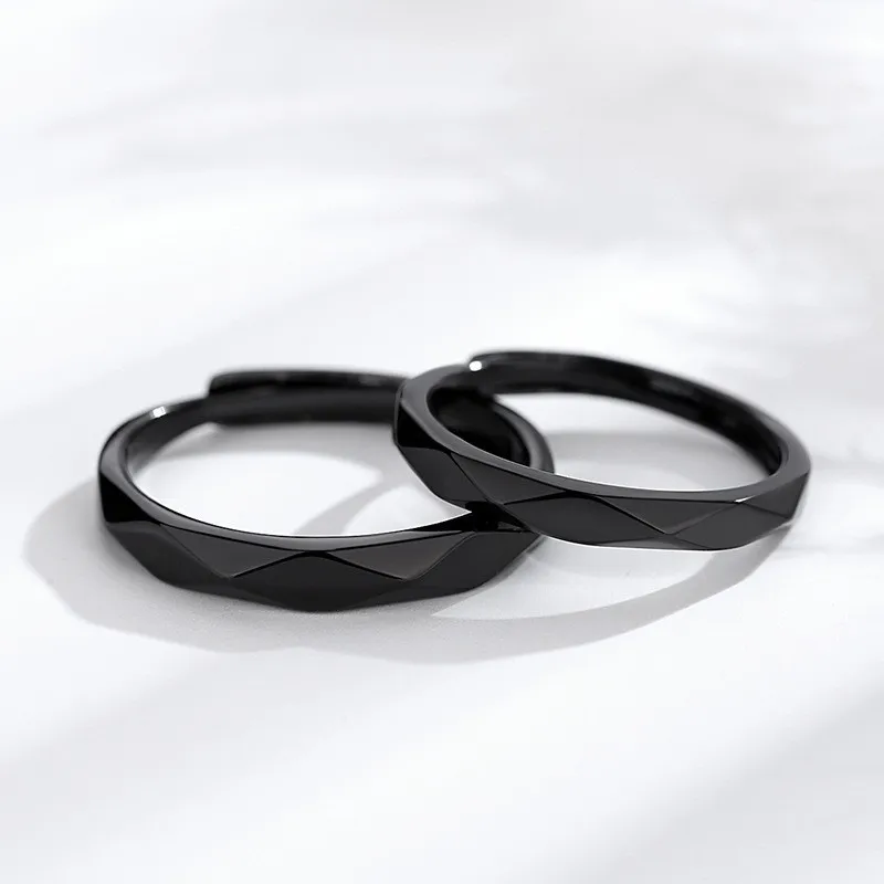 Sleek Geometric Black and White Adjustable Couple Rings