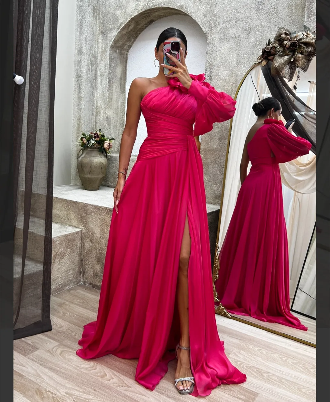 

Vintage Long One Shoulder Chiffon Fuchsia Prom Dresses With Flower A-Line Blue Floor Length Formal Slit Evening Dresses