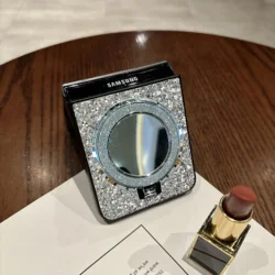 Luxury Glitter Faux Leather Phone Case with Makeup Mirror Holder and Back Cover - Galaxy Z Flip5 (White)