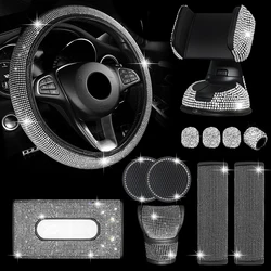 12Pcs Car Accessories Set for Women Steering Wheel Cover Auto Phone Holder Coaster Tissue Box Seat Belt Shoulder Pad Valve Decor