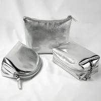 New Fashion Silver Soft Leather Clutch Cosmetic Bag Travel Portable Bathroom Organizer Storage Makeup Bag Toilet Bag Pouch 1