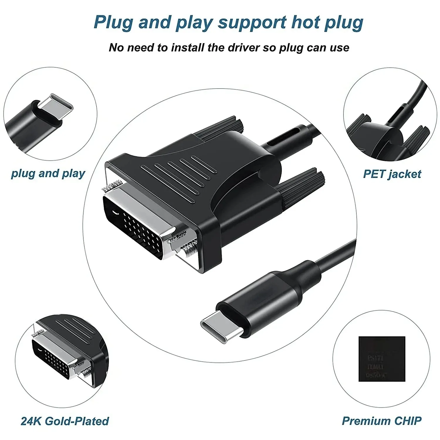 USB C Cable 1080P USB C to DVI Cable Male to Male Type-C To 24+1/24+5 DVI Converter For Thunderbolt MacBook Pro Projector Monitor TV S8 S9