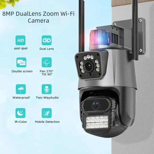 8MP 4K Wifi Camera Dual Lens Security Protection Waterproof Security CCTV Video Surveillance Camera Police Light Alarm IP Camera - Image 2