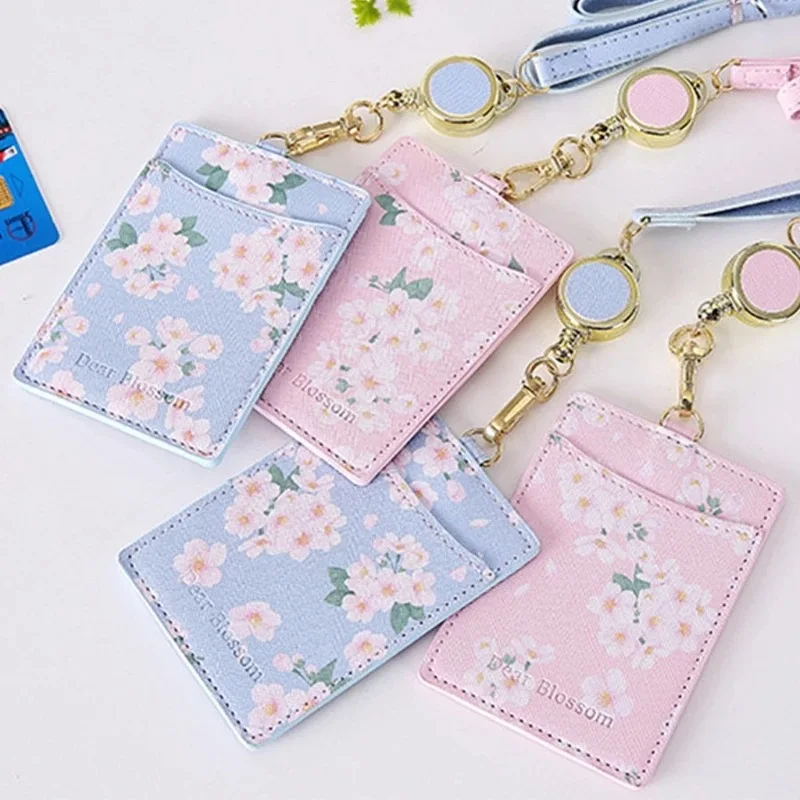 Kawaii Sakura Card Holder Lanyard Photocards ID Business Card Holder Portable Case Korean Stationery Office Supplies