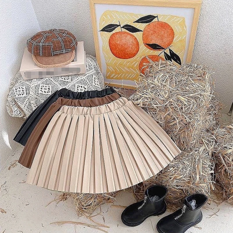 Children Skirts Fashion Baby Girl Skirt Kids PU Leather Elastic Waist Pleated Skirts Toddler Children's Bottom New Fashion Solid Color Skirt