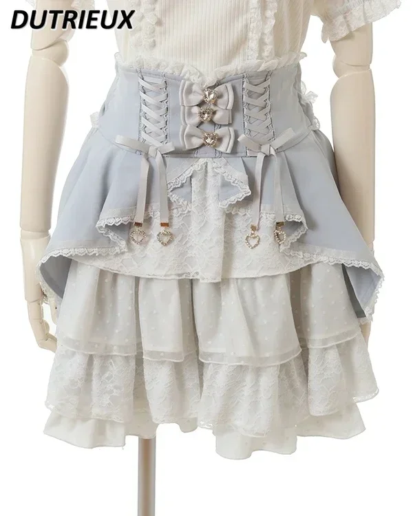Japanese High Waist Drawstring Slim-Fit Lolita Skirt Women Multi-Layer Lace Bow Cake Skirts Summer Pleated Skirt lolita skirt
